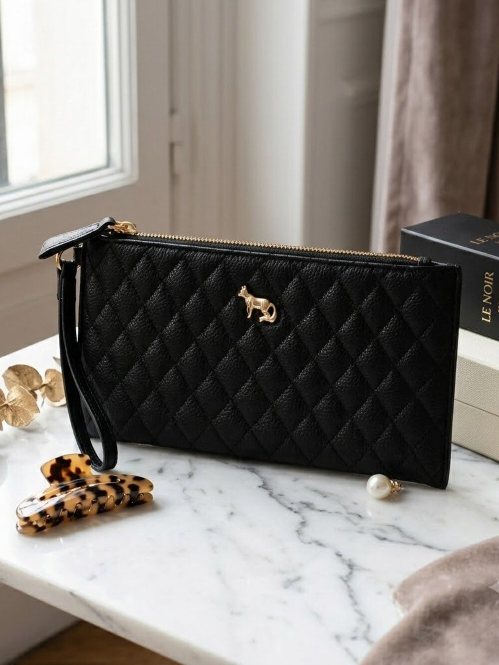 Emma Fox Clutch Black Quilted Leather with Wristlet Strap